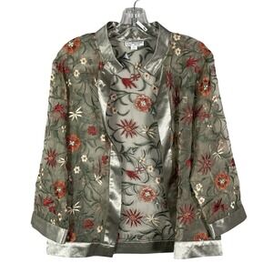 Grace Chuang Silk Open Jacket Organza Embroidered Floral Blazer Womens Medium